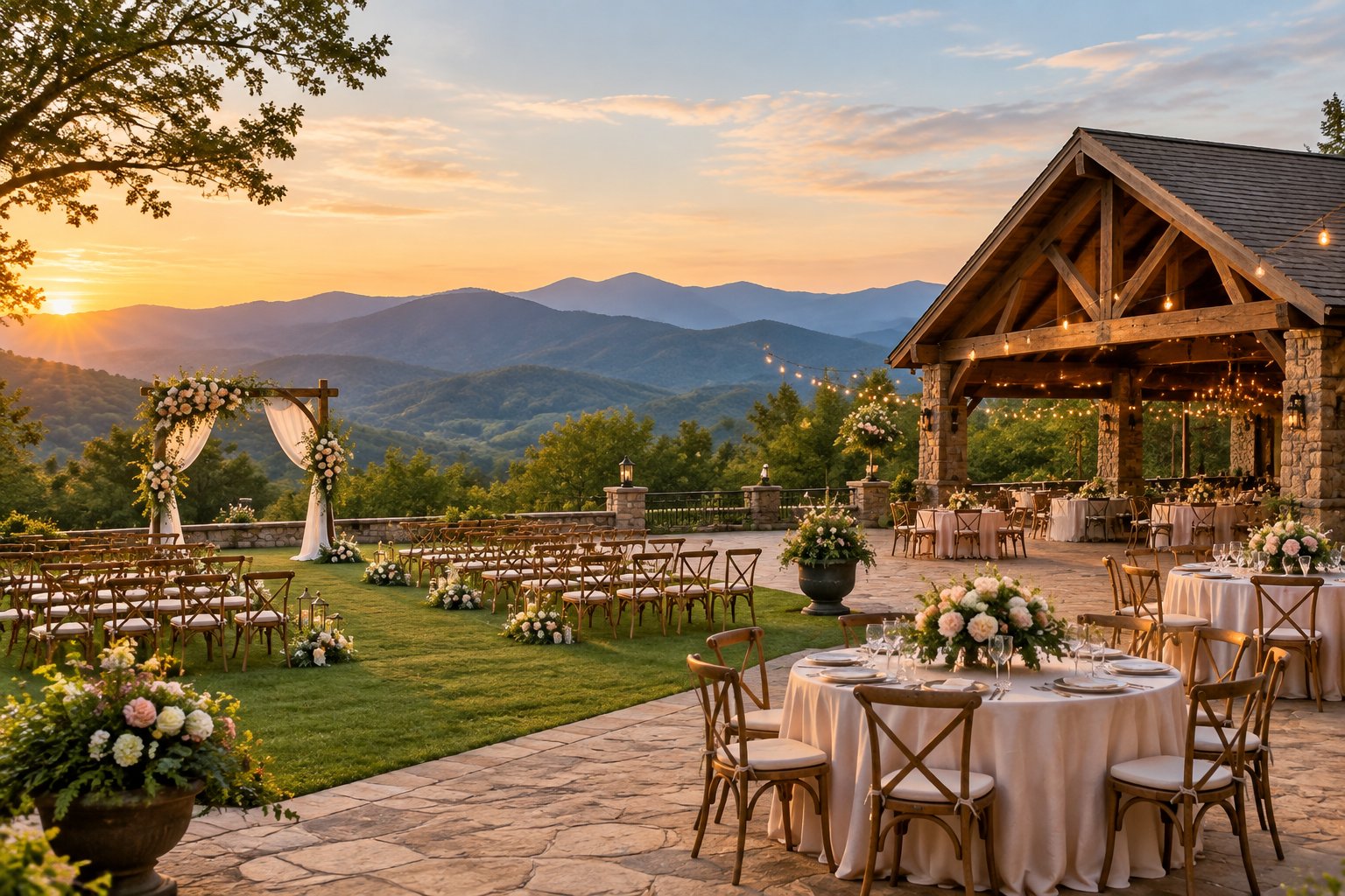 An elegant all-inclusive wedding venue with decorated tables and a ceremony arch overlooking the Smoky Mountains near Gatlinburg.