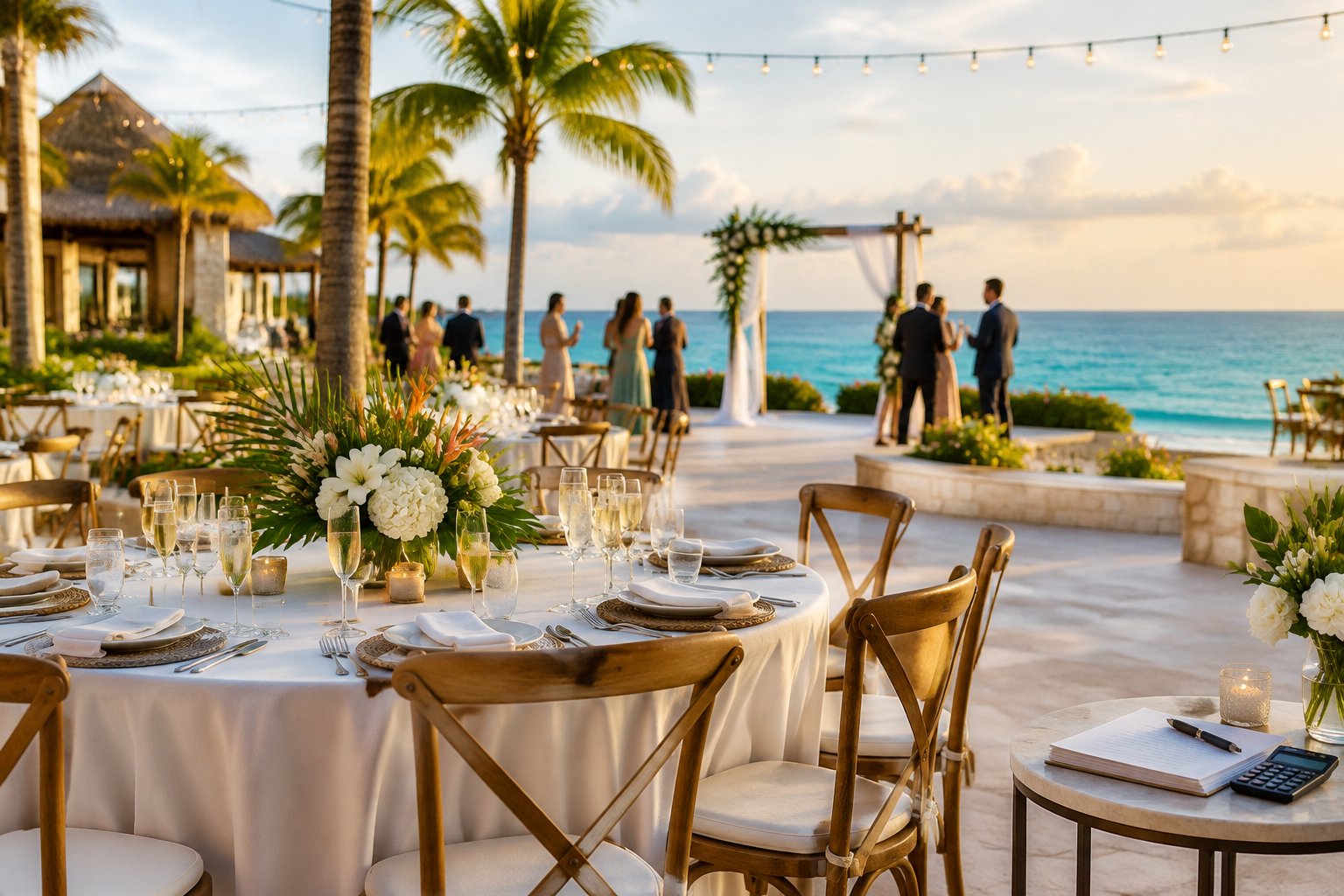 An elegant wedding reception table at a Mexican seaside resort with a decorated ceremony area and ocean view.
