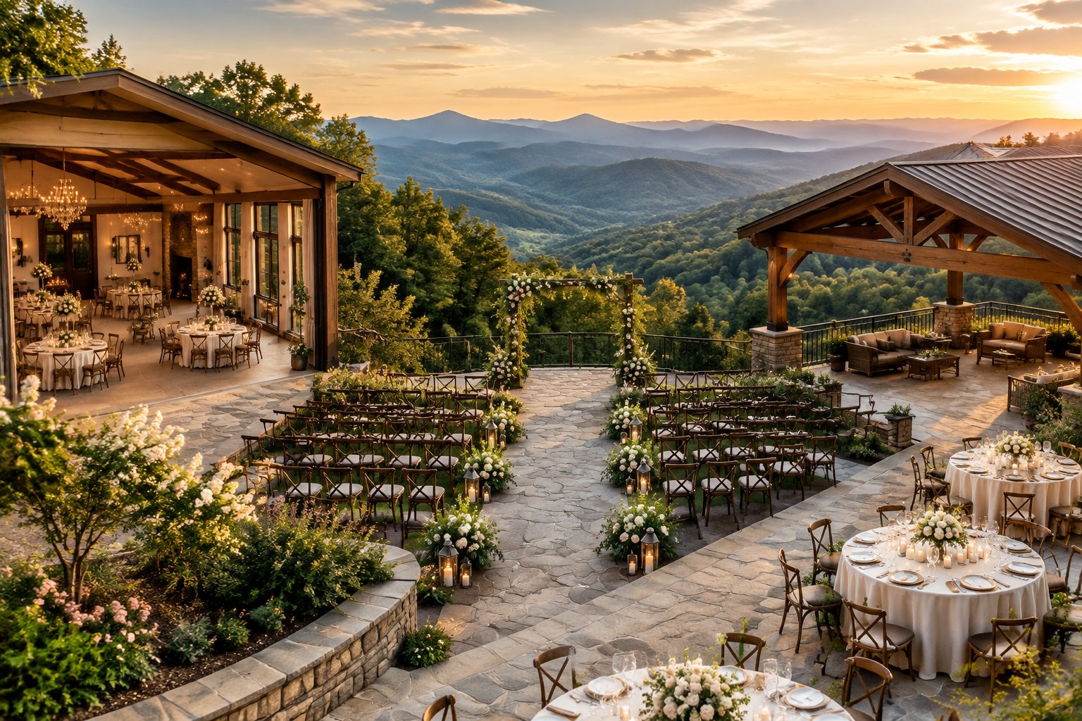 A decorated wedding venue with indoor and outdoor spaces overlooking the Smoky Mountains.