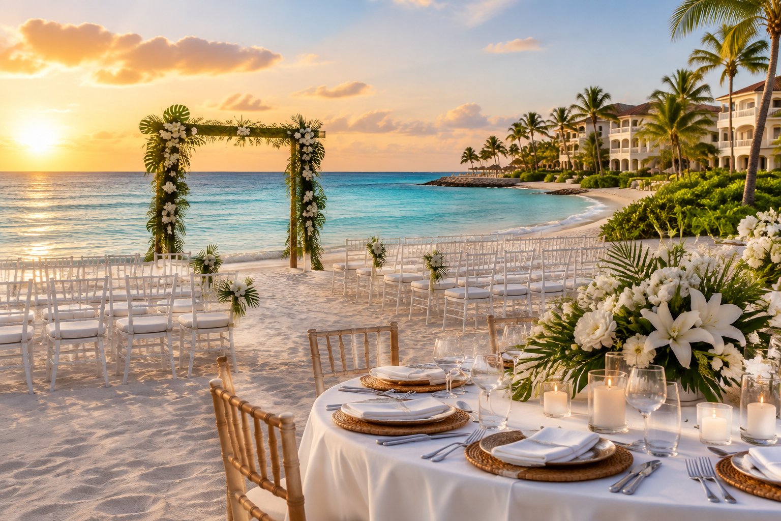 Elegant beachfront wedding setup at a tropical Mexican resort with white chairs, flowers, and the Caribbean Sea.