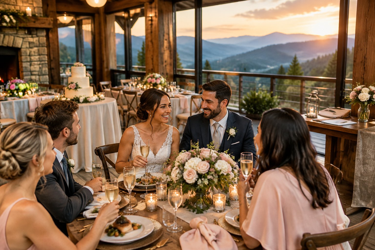 A newlywed couple and guests celebrate at a mountain wedding reception overlooking the Smoky Mountains.