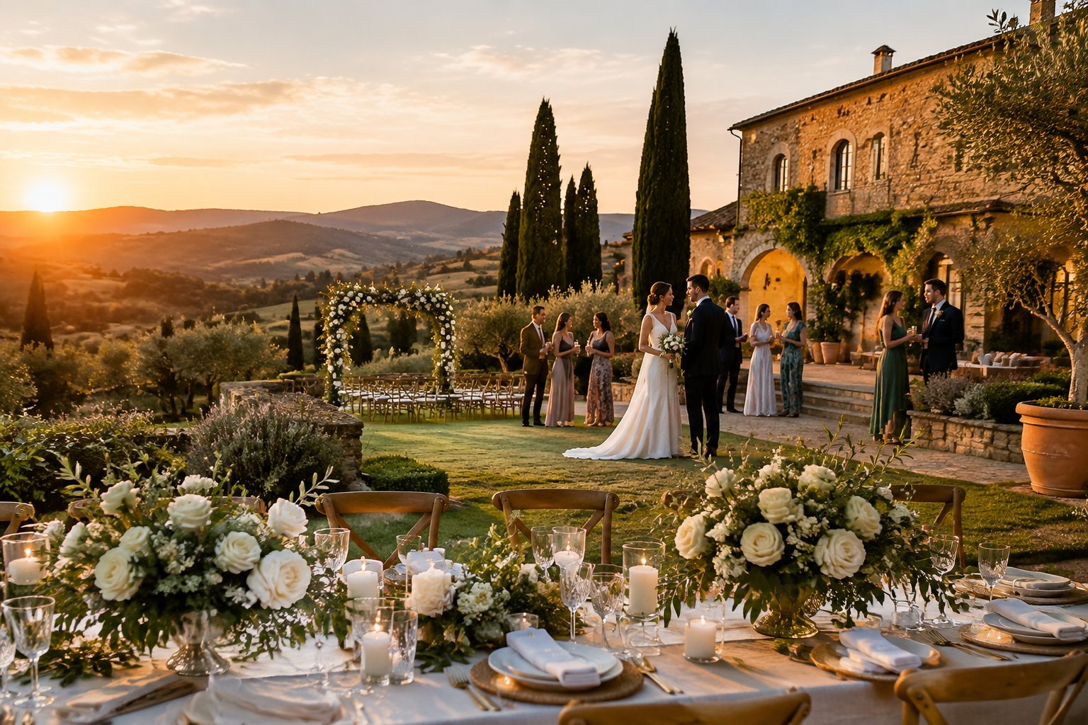 An elegant wedding reception at an Italian countryside villa surrounded by gardens, olive trees, and rolling hills.