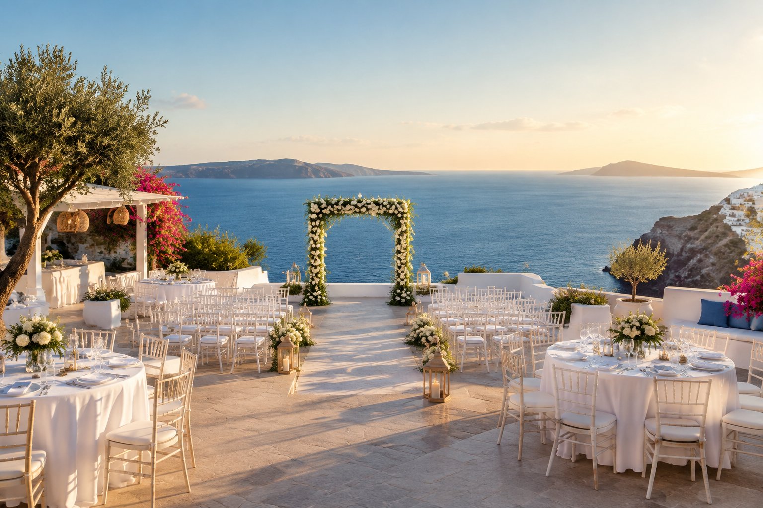 A seaside wedding venue in Greece with white chairs, floral decorations, reception tables, and a view of the blue Aegean Sea.