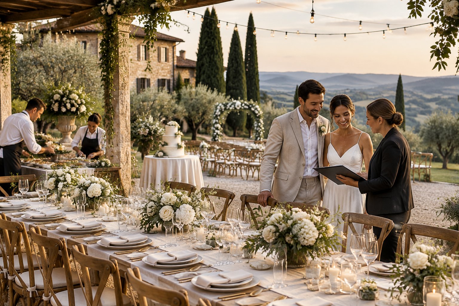 An elegant Italian countryside wedding reception being prepared by staff, with a decorated table, floral arrangements, a wedding cake, and the couple meeting an event coordinator.