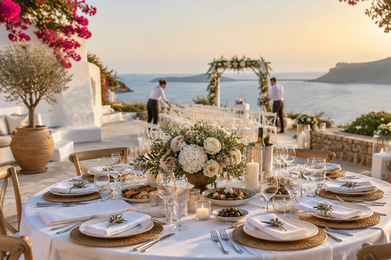 An elegant seaside wedding reception setup at a Greek resort with decorated tables, catering, floral arrangements, and staff preparing the venue.