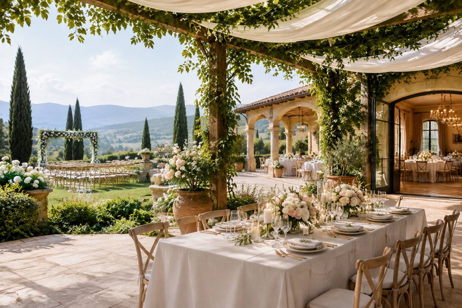 Elegant outdoor wedding reception at an Italian estate surrounded by gardens and rolling hills.