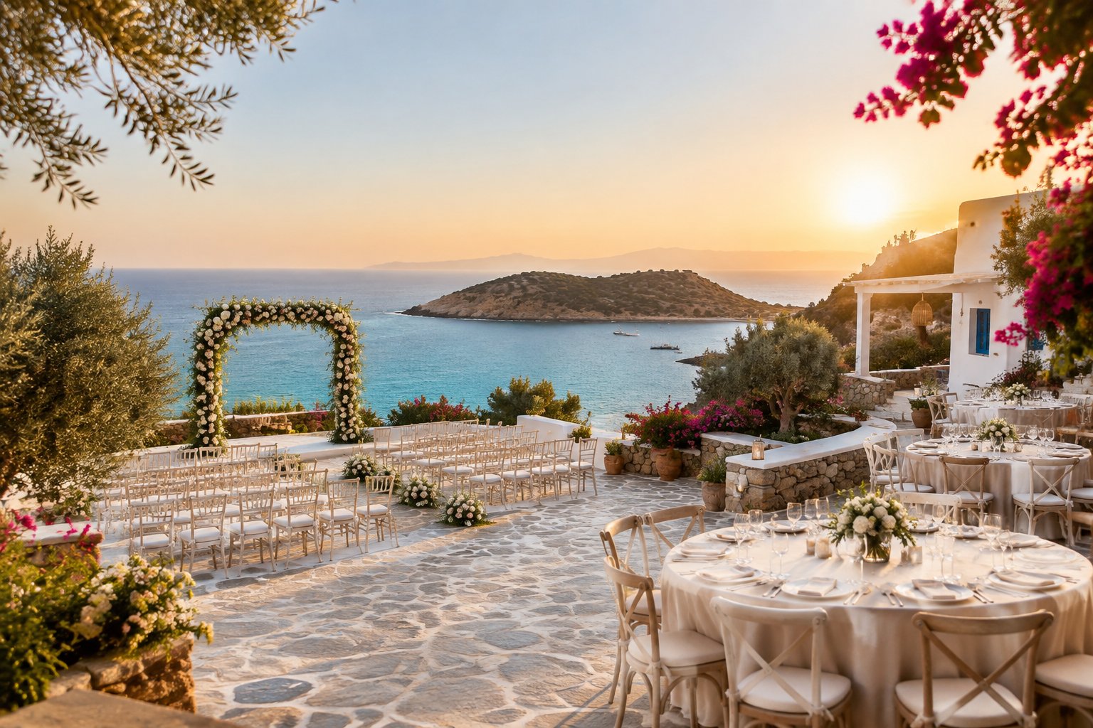 An elegant outdoor wedding venue overlooking the Aegean Sea in Greece.