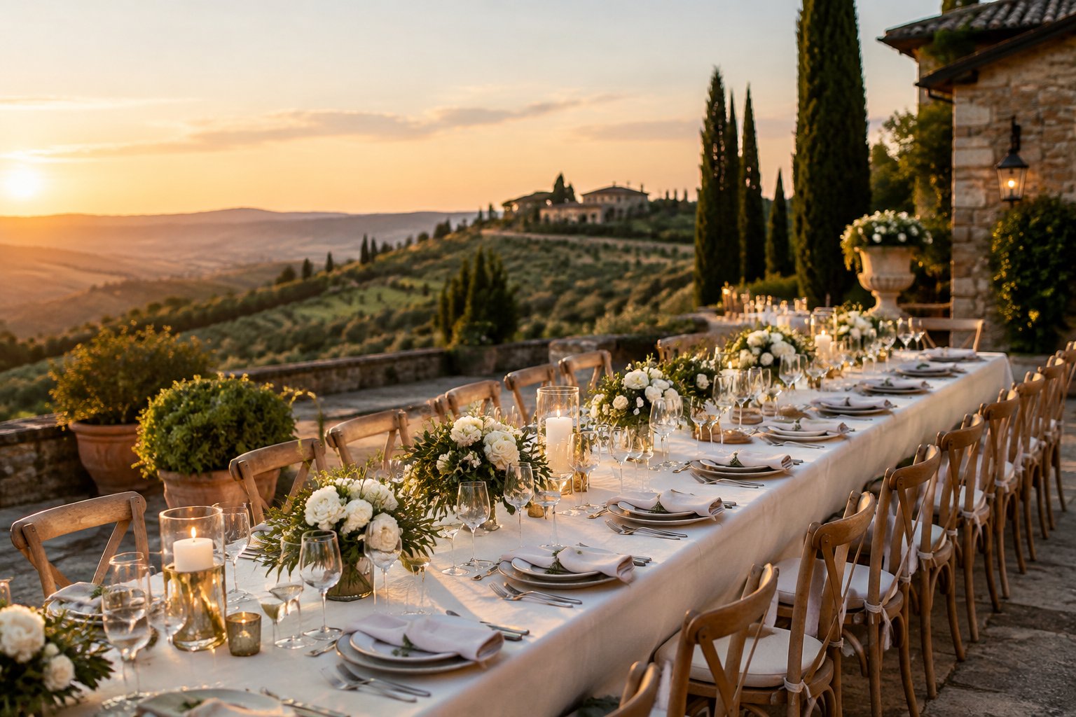 Elegant wedding reception arranged at an Italian countryside villa with a banquet table and scenic hills.