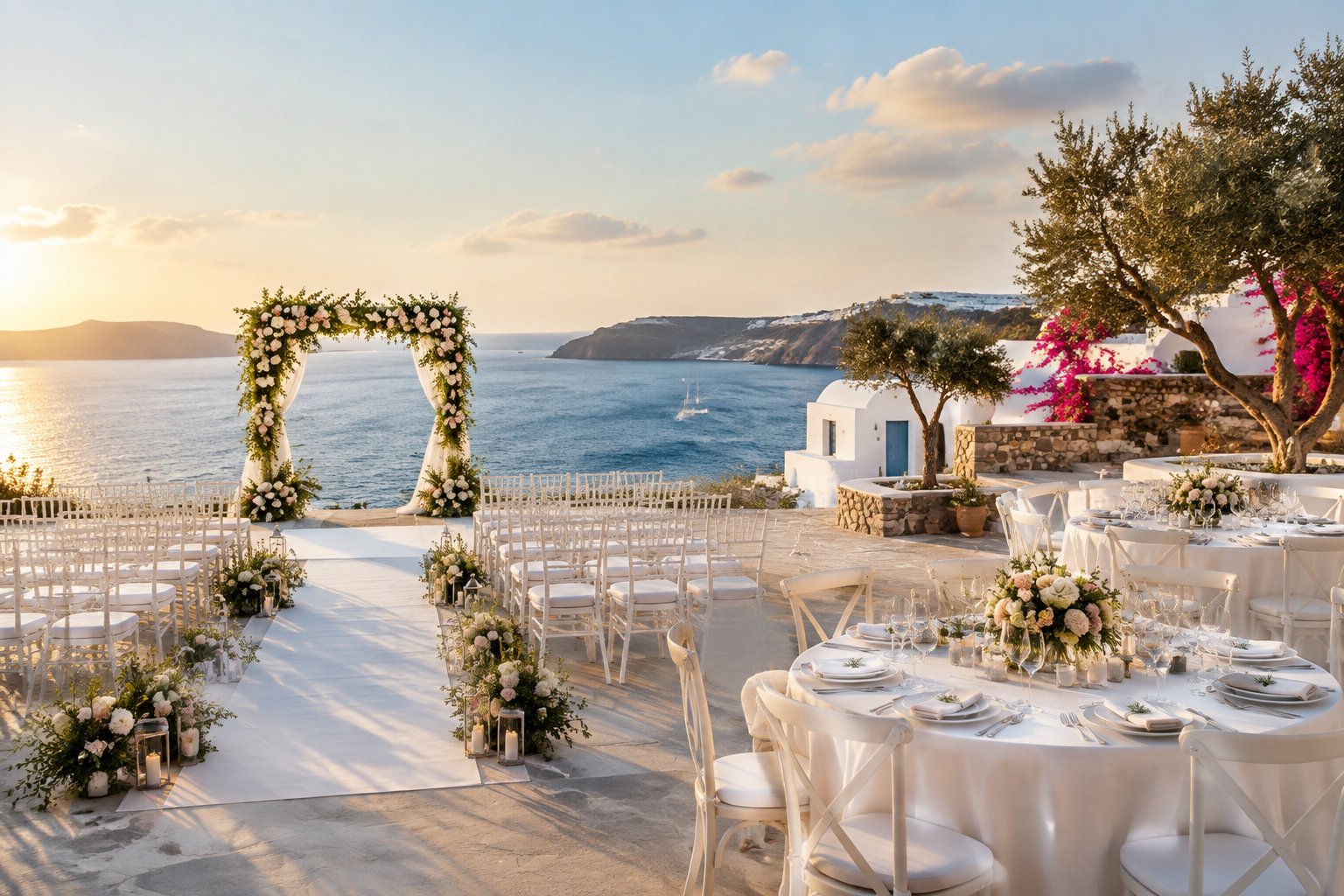 Elegant seaside wedding venue at a Greek resort with a floral ceremony arch, white chairs, and a reception terrace overlooking the sea.