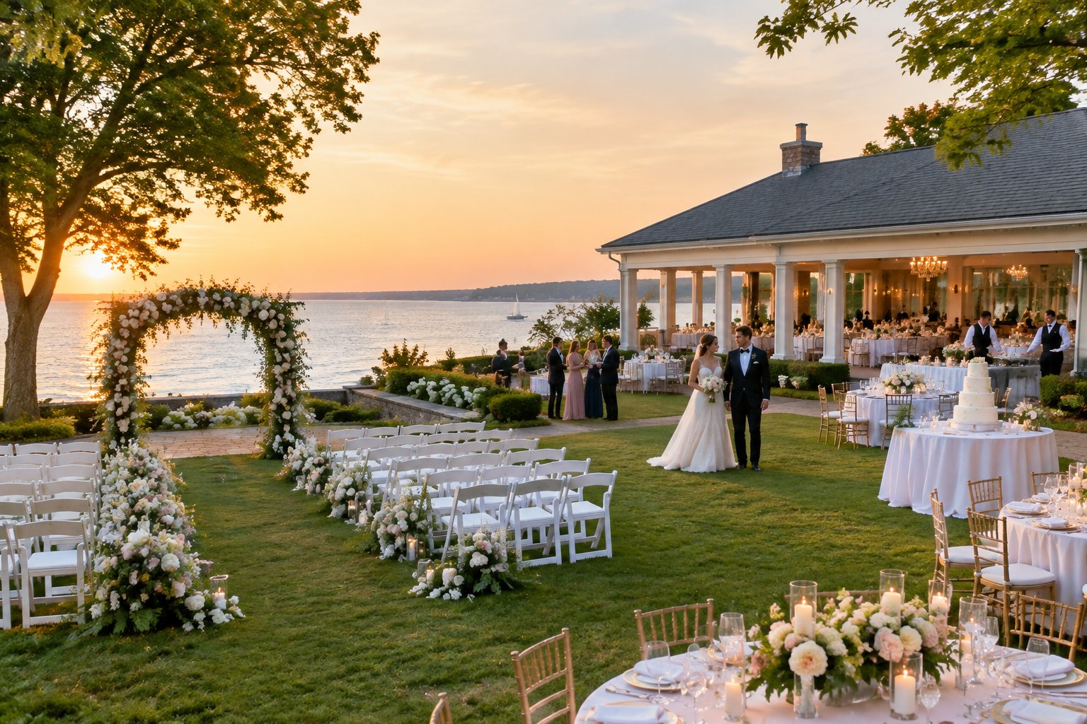 A bride and groom celebrate at an elegant waterfront wedding venue with decorated tables, gardens, and a ceremony arch.