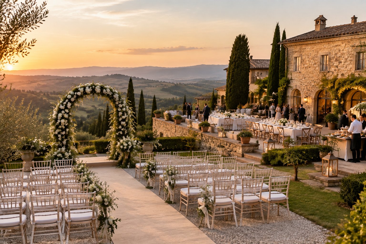 An elegant Italian wedding venue with a garden ceremony area and a decorated reception terrace in the same setting.