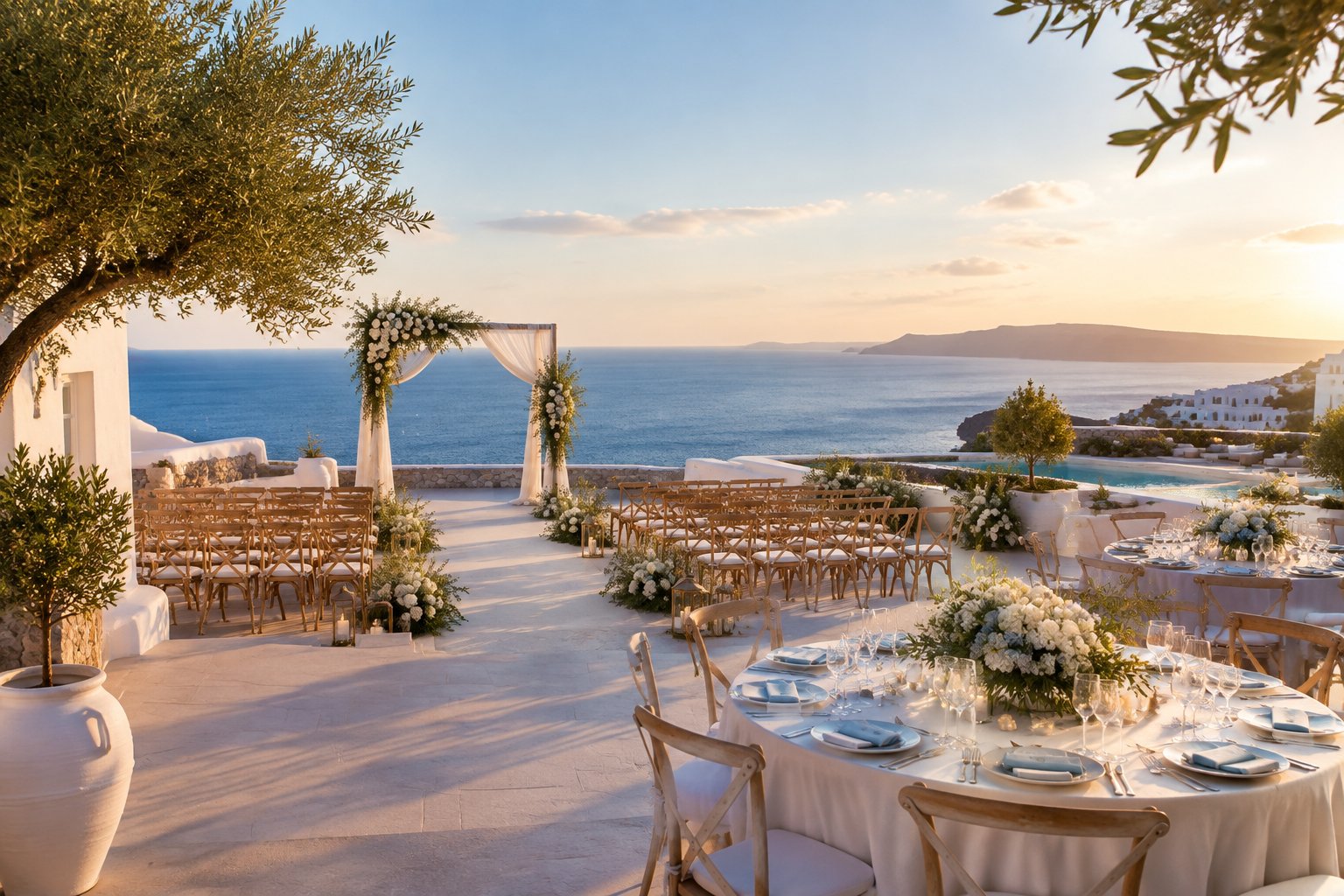 Elegant wedding ceremony setup on a Greek seaside resort terrace overlooking the Aegean Sea.