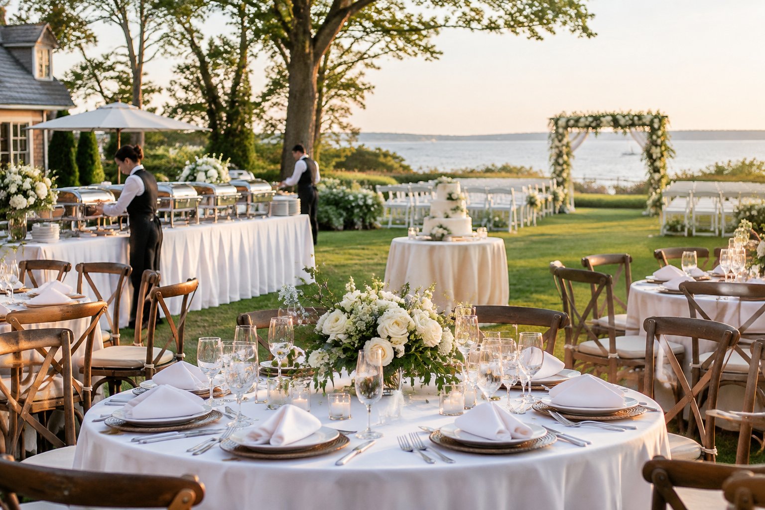 Elegant wedding reception setup at a Long Island venue with decorated tables, catering, a cake, and a ceremony area.