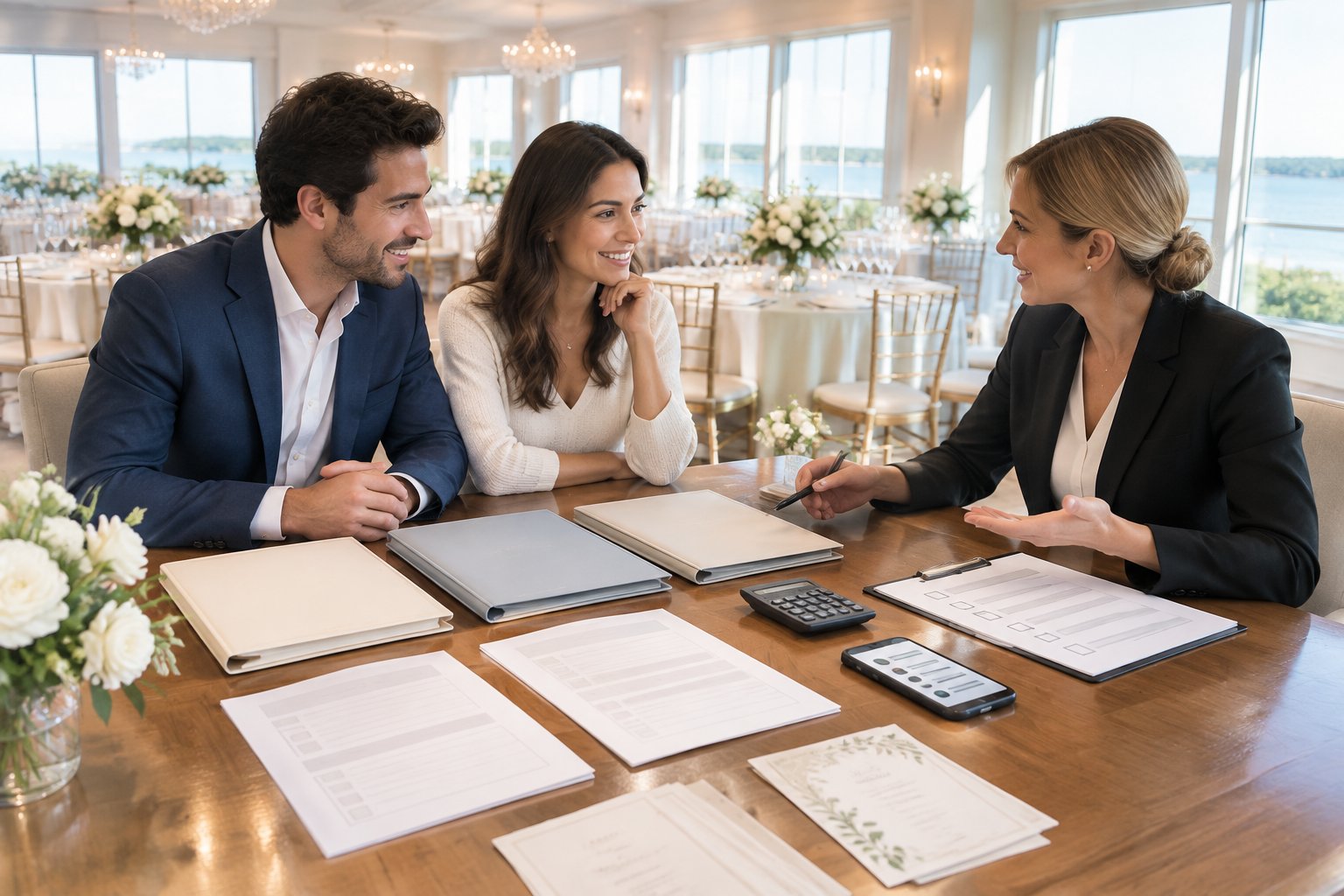 A couple compares wedding venue packages with a coordinator at a table in an elegant reception venue.