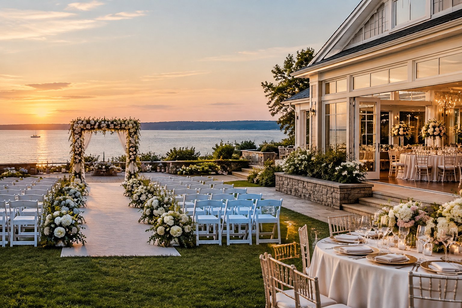 Elegant waterfront wedding venue with a decorated outdoor ceremony area and reception space.