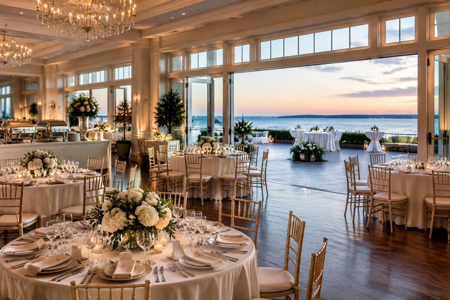 Elegant wedding reception venue with decorated tables overlooking a calm waterfront.