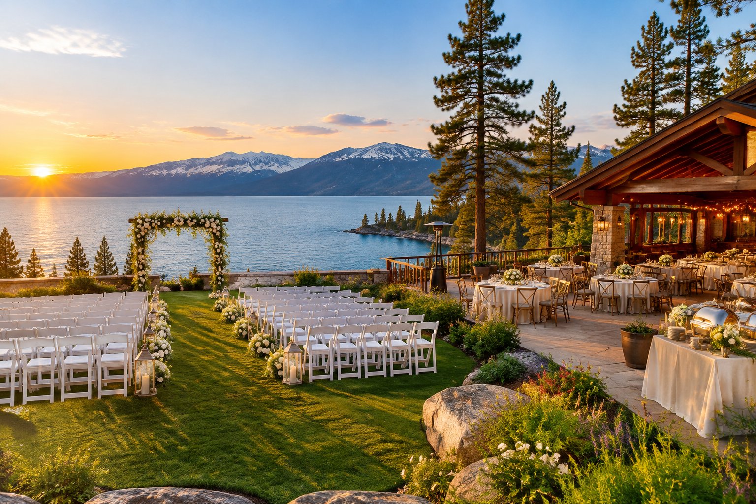 An elegant lakeside wedding venue with decorated chairs, reception tables, evergreen trees, and mountains in the background.