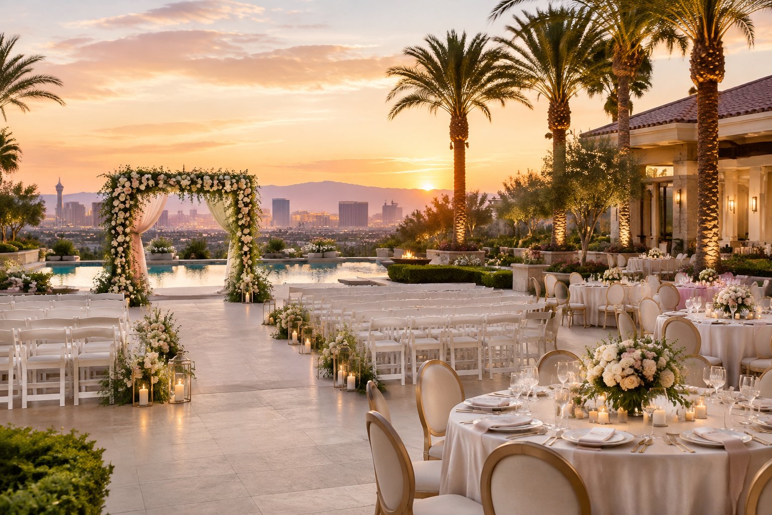 An elegant outdoor wedding venue in Las Vegas with a floral ceremony arch, white chairs, decorated reception tables, palm trees, and warm evening light.