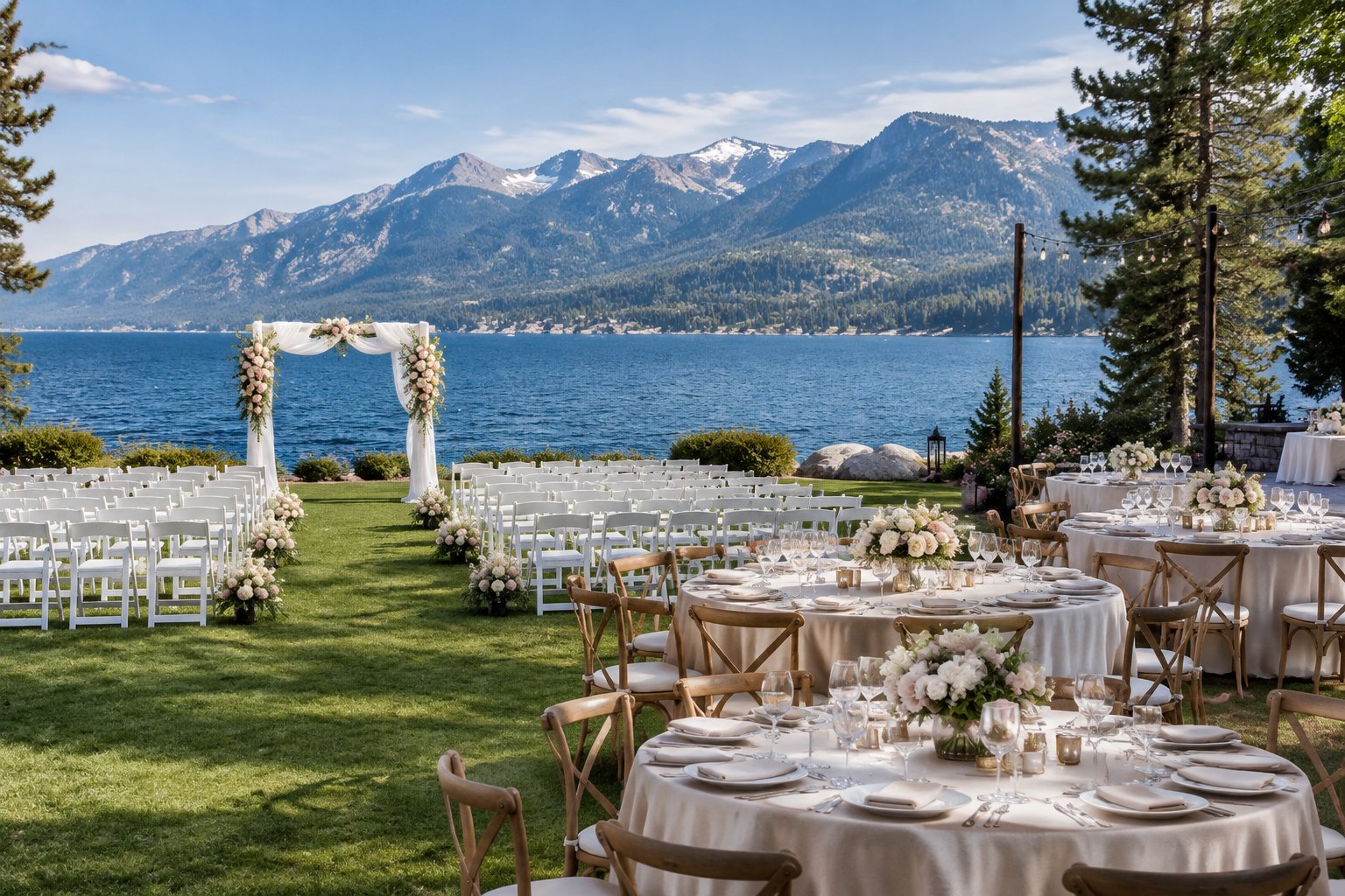 Elegant lakeside wedding ceremony and reception setup with Lake Tahoe and forested mountains in the background.