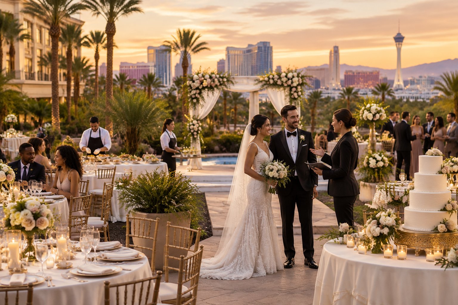 A bride and groom meet with a coordinator at a fully decorated Las Vegas wedding venue.
