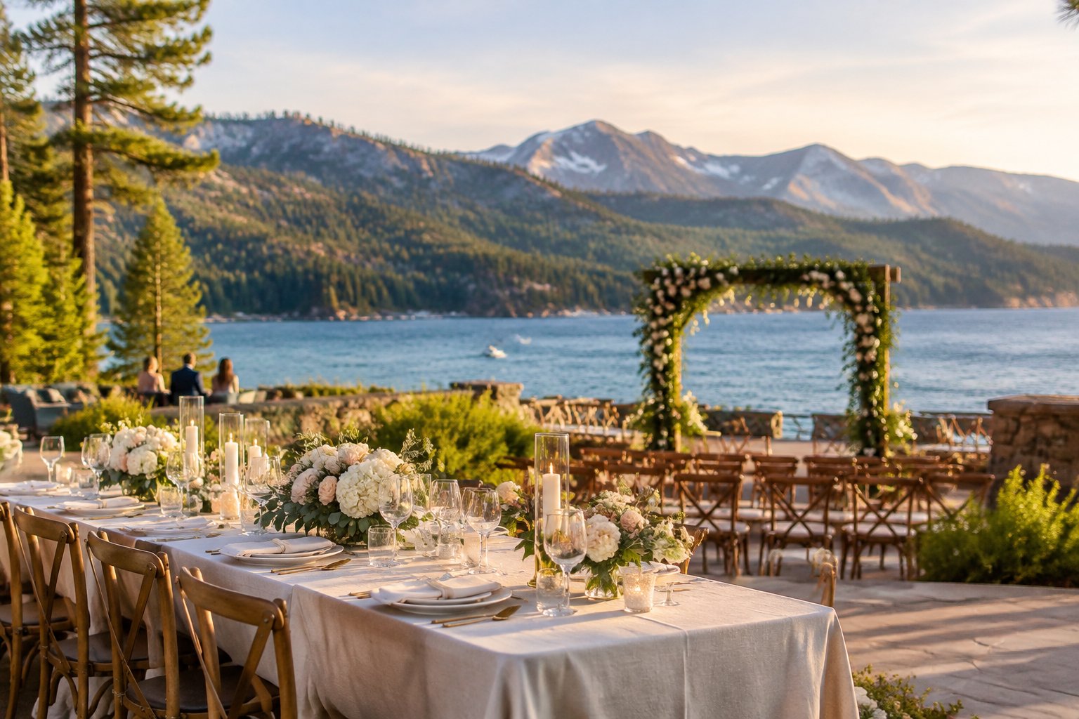Elegant lakeside wedding reception overlooking Lake Tahoe and forested mountains.