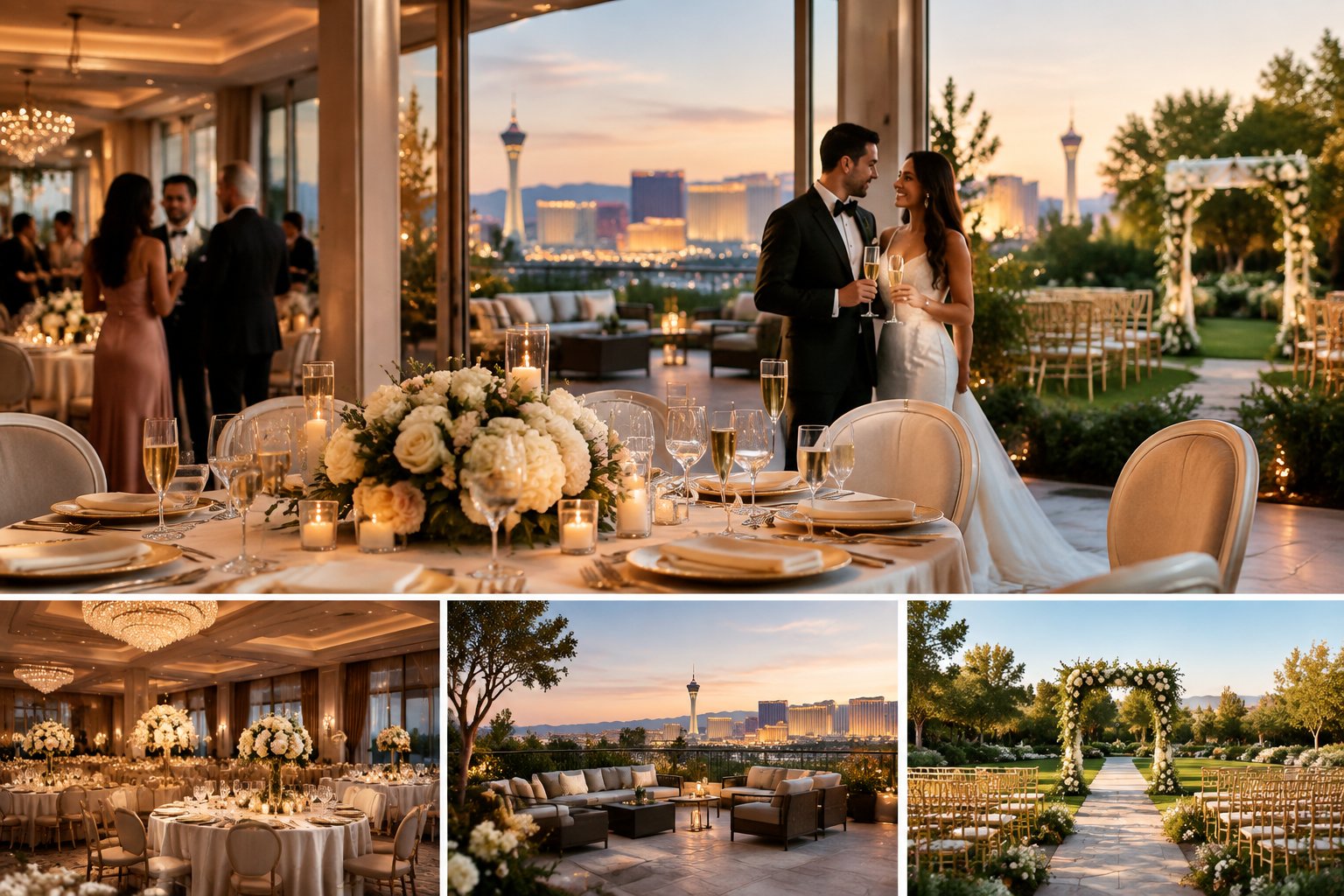 An elegant wedding reception opening onto a landscaped outdoor terrace with ballroom and garden ceremony areas.