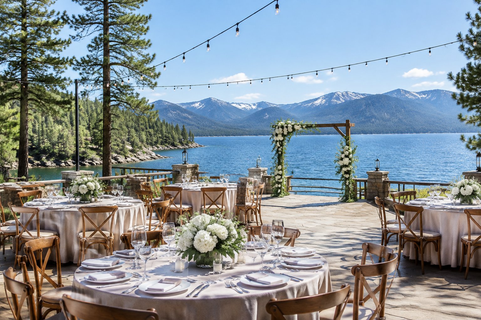 An elegant lakeside wedding venue with arranged reception tables, a ceremony arch, and mountain scenery around Lake Tahoe.
