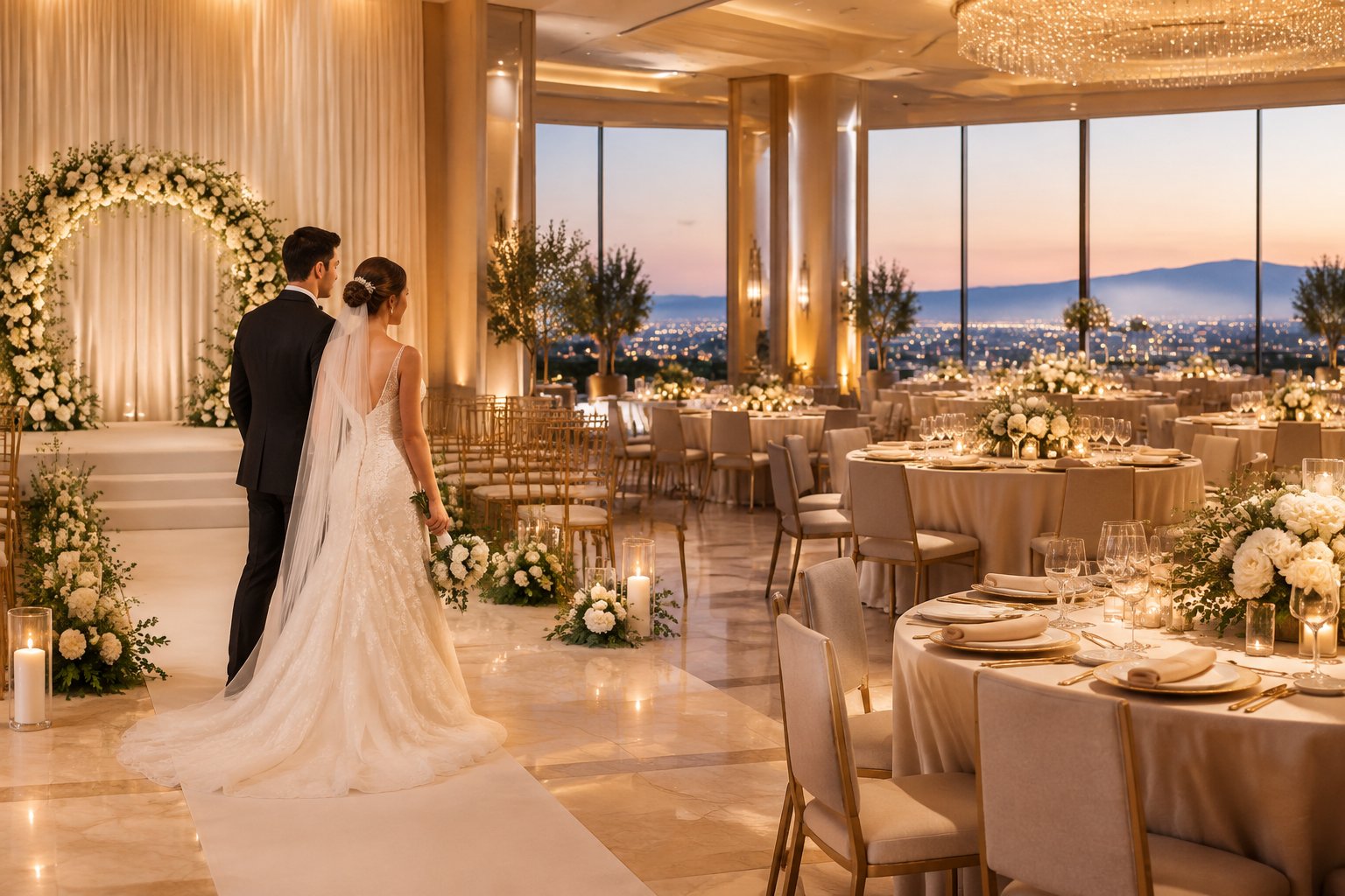 A couple stands in an elegant wedding venue with a decorated ceremony area and a prepared reception space.