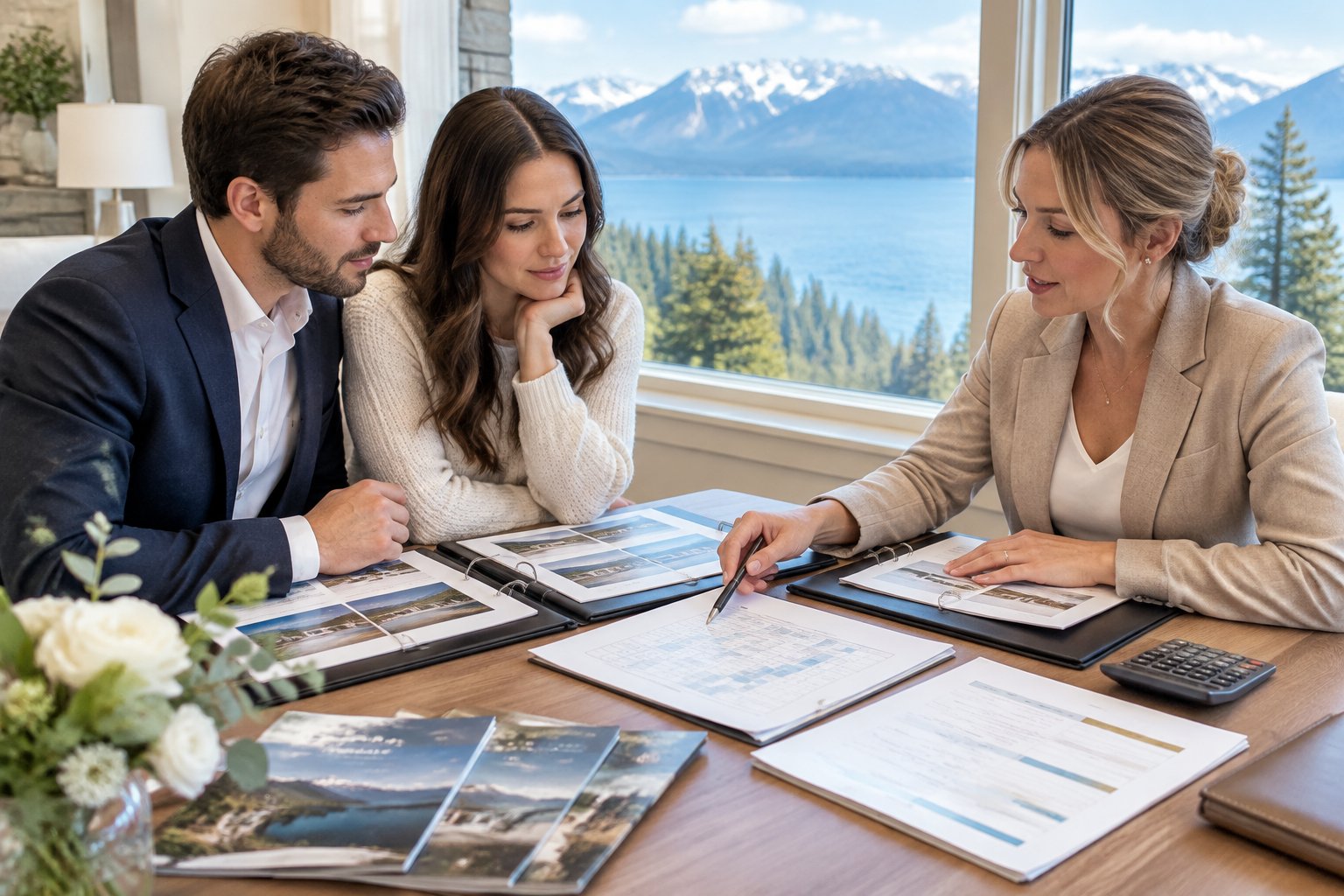 A couple compares wedding venue proposals and budget documents with a planner beside Lake Tahoe.