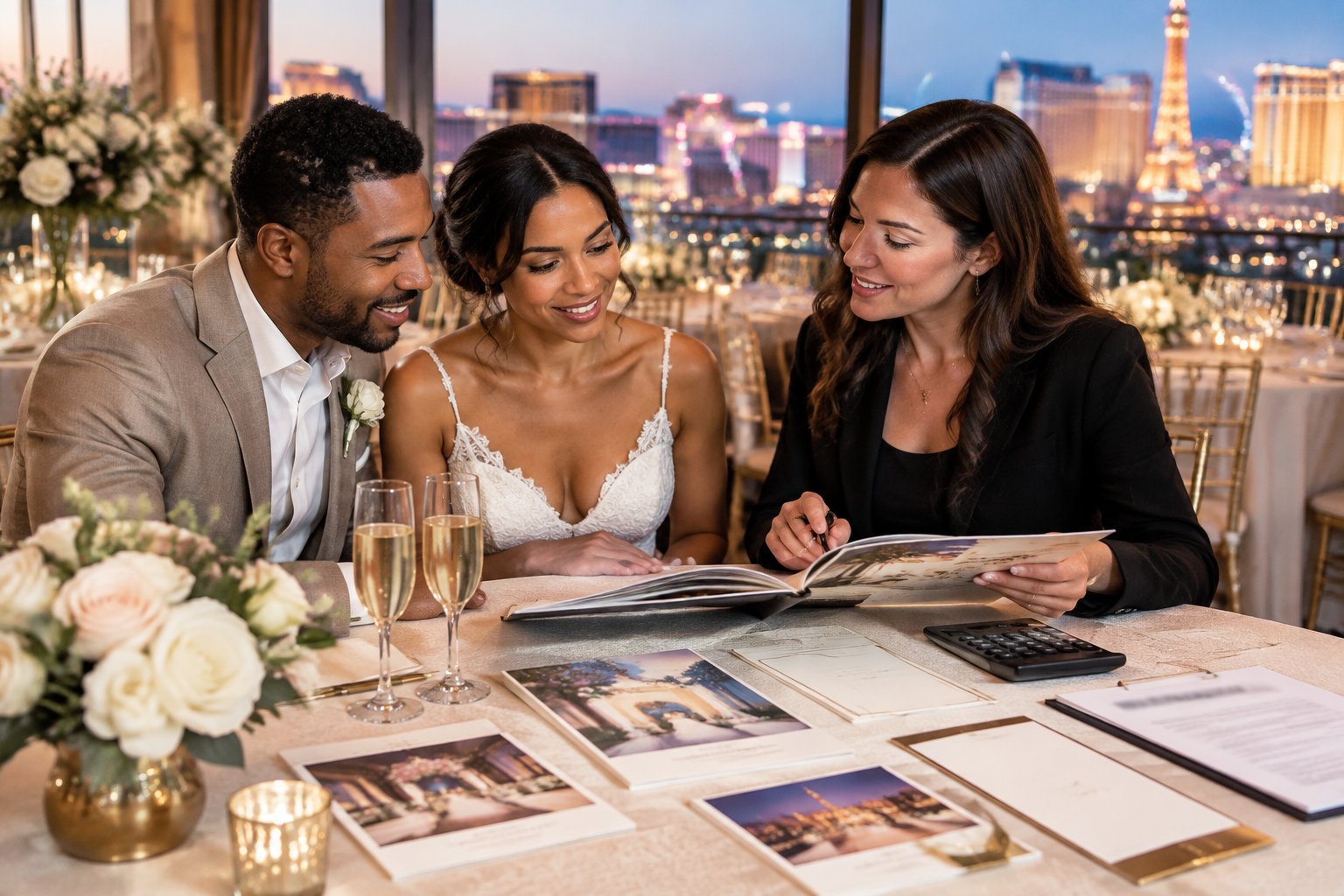 A couple and wedding coordinator review package details at an elegant Las Vegas wedding venue.