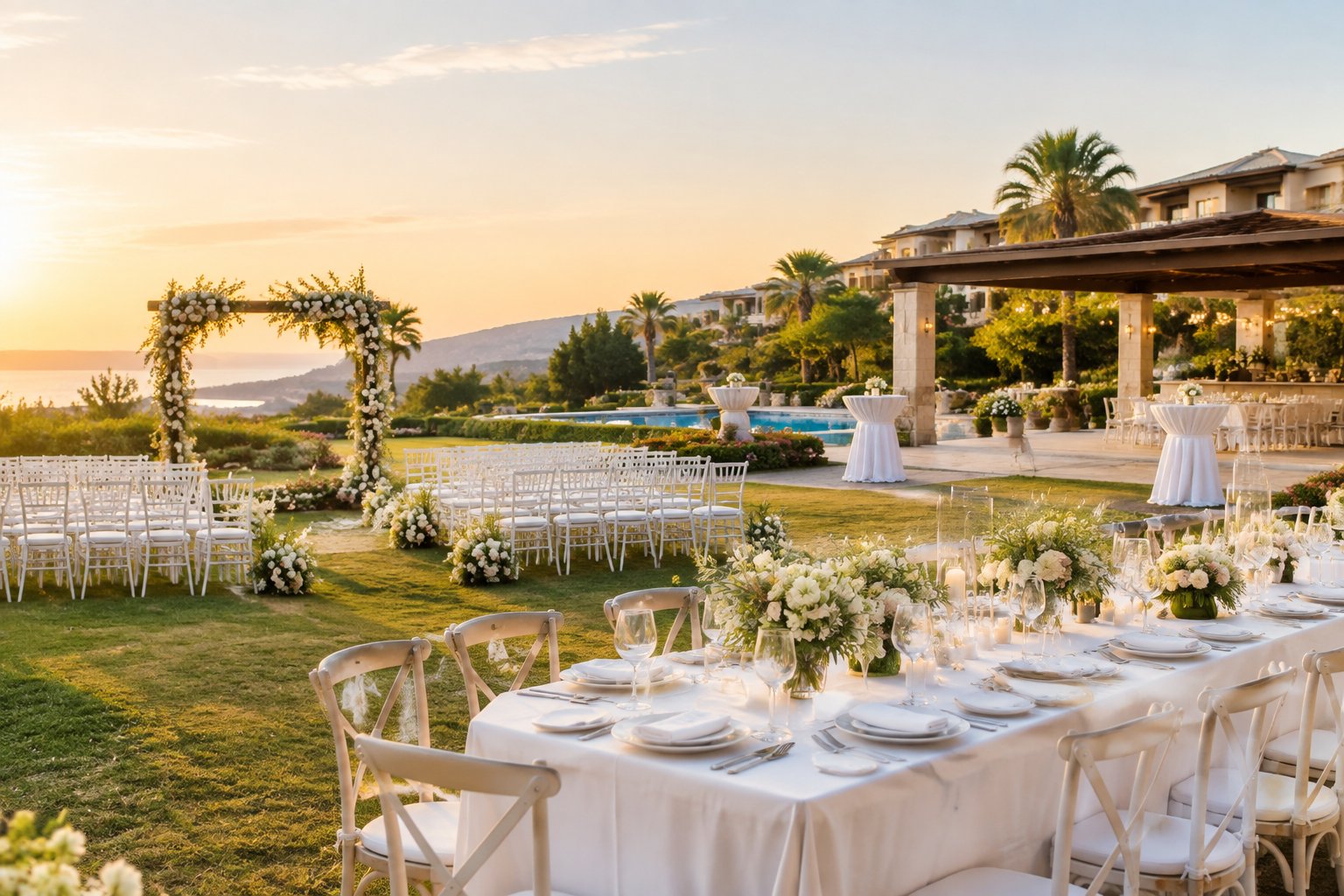 An elegant wedding ceremony and reception setup at a landscaped resort venue.