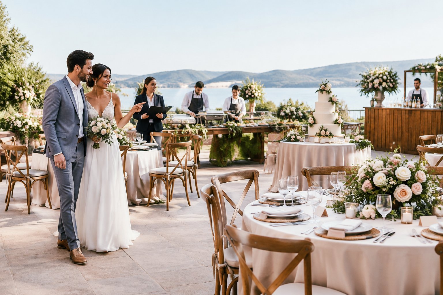 A couple reviews an elegant wedding reception setup with catered food, floral centerpieces, and a wedding cake.