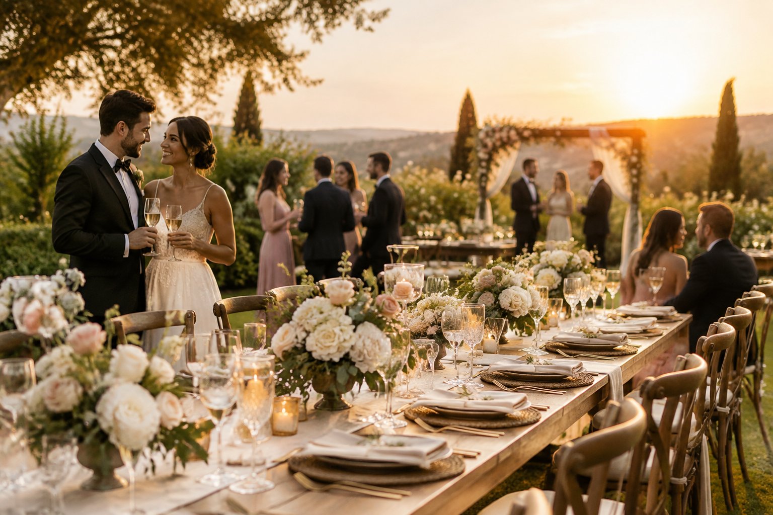 An elegant outdoor wedding reception with decorated tables, floral arrangements, and guests at a garden venue.