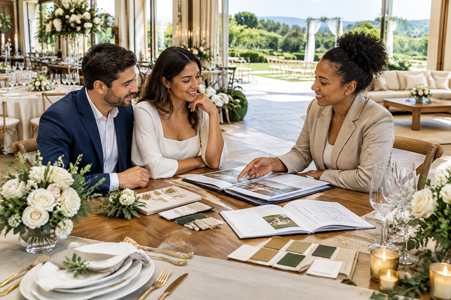 An engaged couple discusses wedding venue options with a coordinator in an elegant reception space.