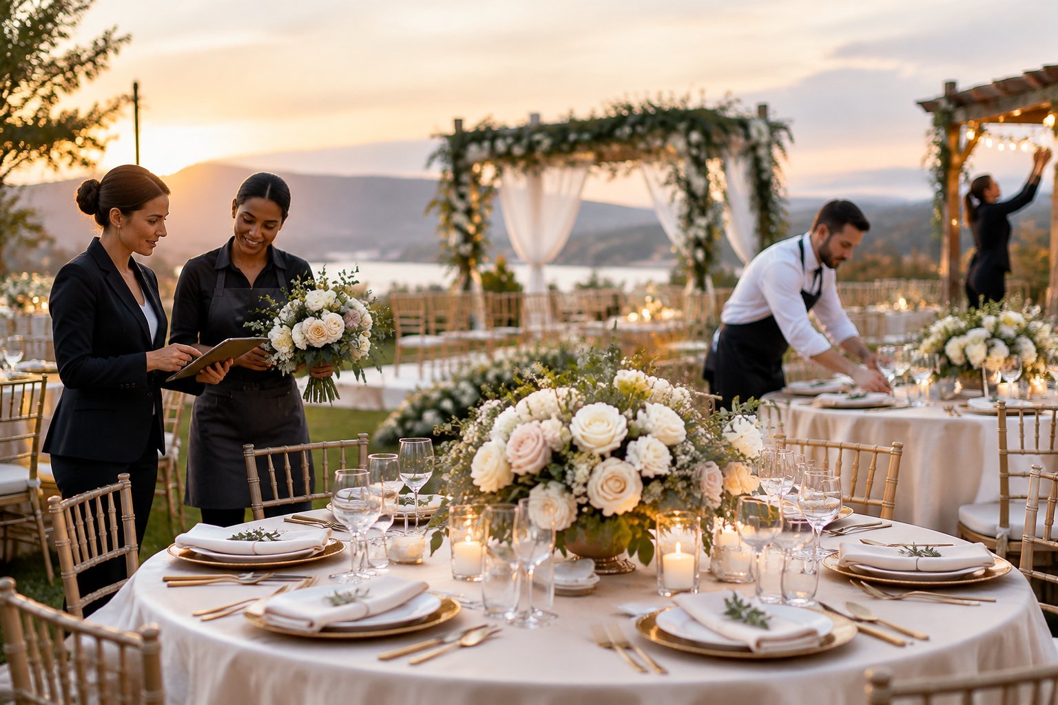 Wedding venue staff prepare an elegant reception while coordinating floral arrangements, table settings, and lighting.