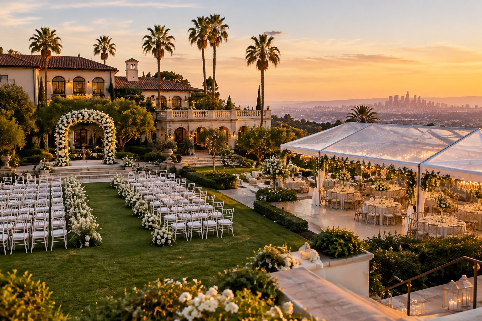 Elegant Los Angeles wedding venue with a flower-lined ceremony area, landscaped grounds, and a beautifully set reception tent at sunset.