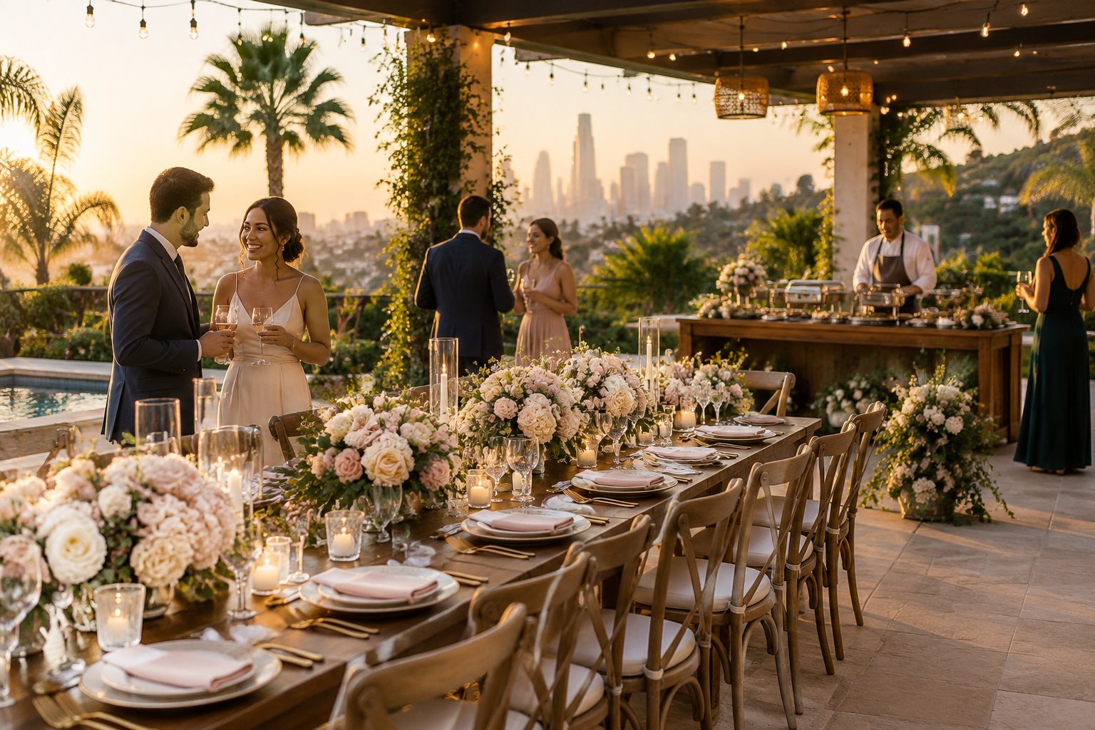A couple and wedding guests enjoy an elegant outdoor reception at a Los Angeles venue.