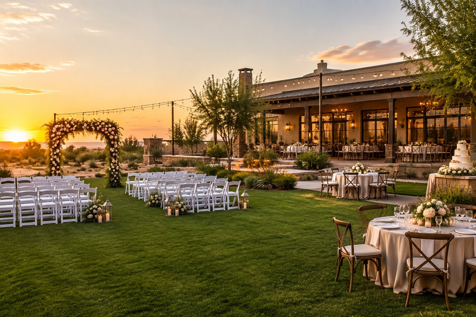 Elegant outdoor wedding venue with a floral ceremony arch, white chairs, decorated reception tables, and landscaped grounds.