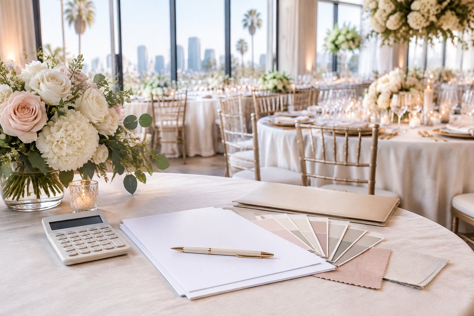 An elegant Los Angeles wedding reception with organized budgeting materials on a nearby table.