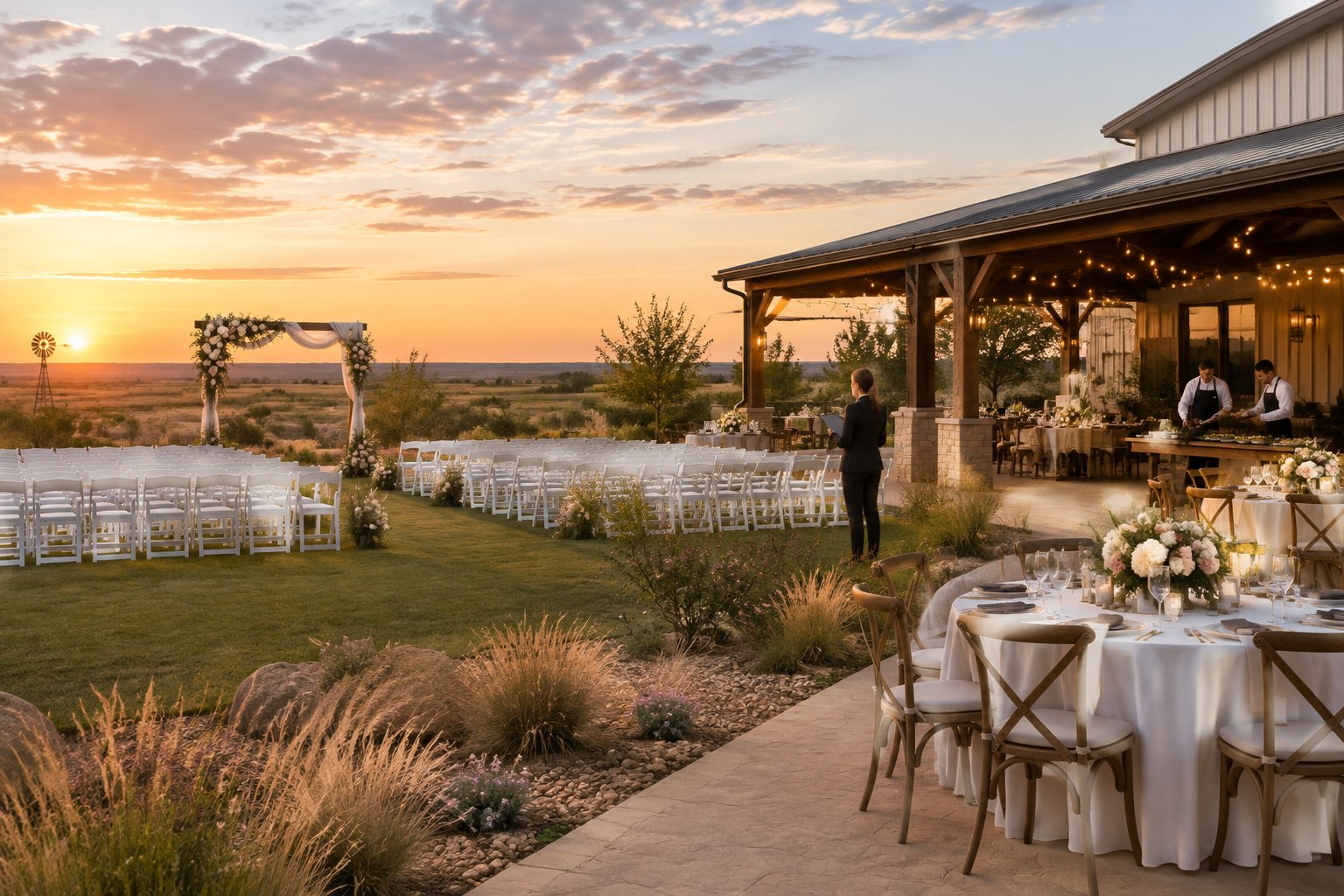 An elegant outdoor wedding venue in Lubbock with decorated tables, a floral ceremony arch, and staff preparing the reception.