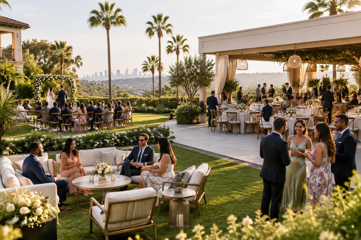 Wedding guests gather in a landscaped outdoor venue with ceremony, dining, and lounge areas.