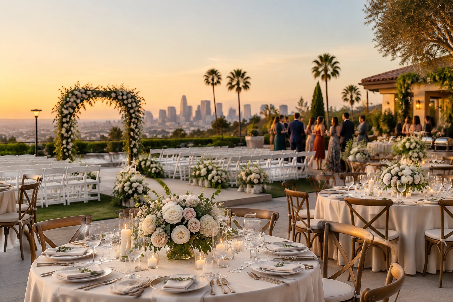 An elegant outdoor wedding reception at a Los Angeles venue with floral décor, set tables, palm trees, and a distant city skyline.