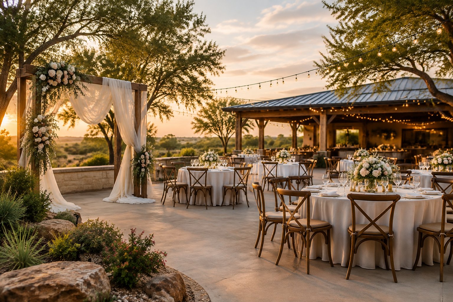 An outdoor wedding reception is arranged beneath a decorated arch at a landscaped venue.