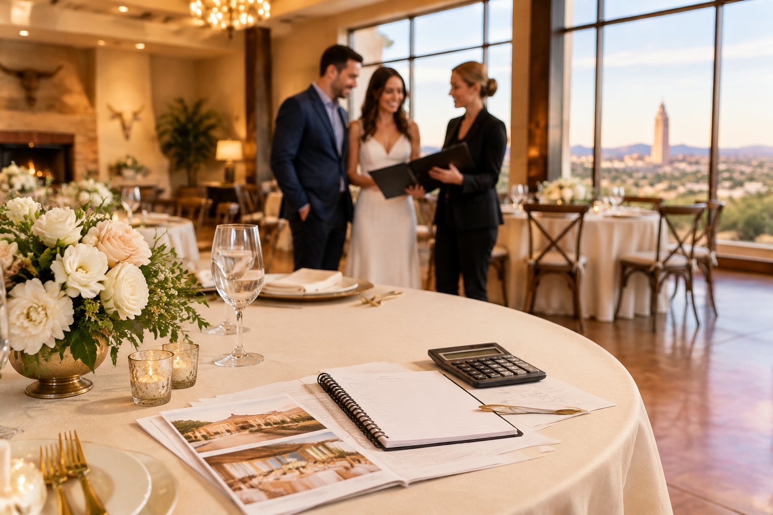 A couple reviews wedding package materials with a coordinator at an elegant reception venue.