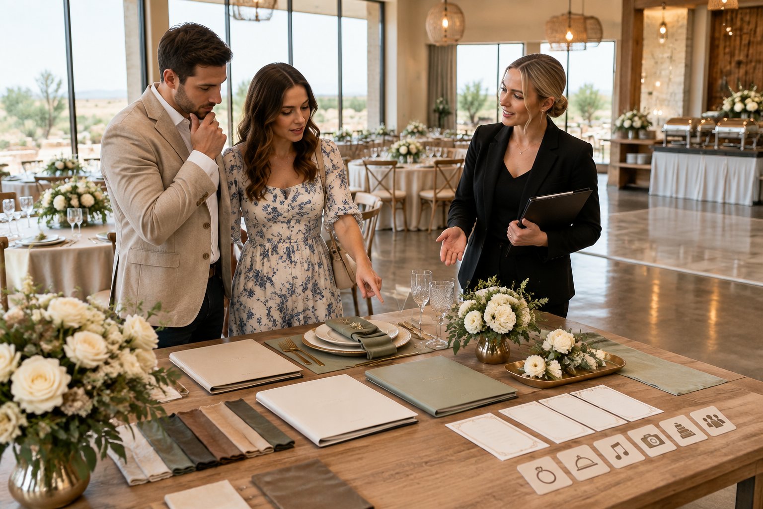 A couple compares wedding package samples with a venue coordinator inside an elegant reception hall.