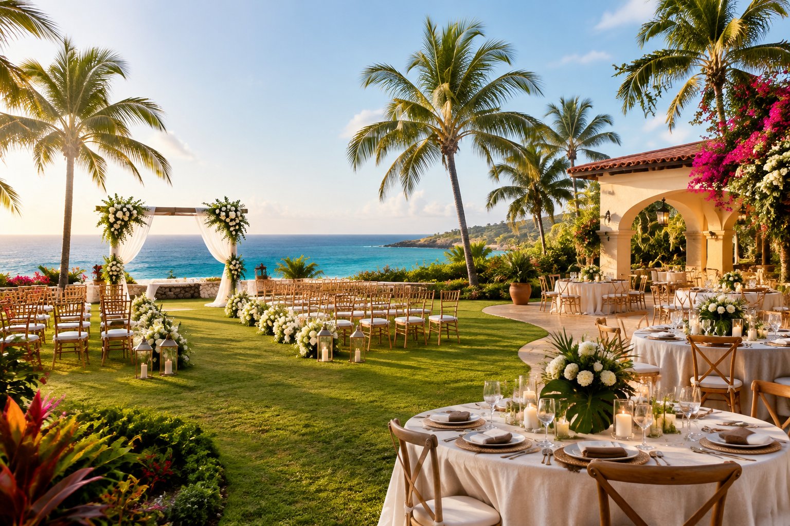 An elegant seaside wedding venue in Puerto Rico with tropical landscaping, white floral decorations, and tables overlooking the Caribbean Sea.