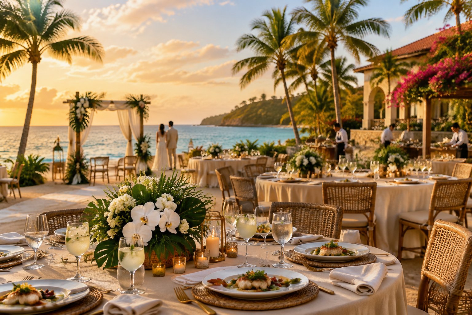 An elegant beachfront wedding reception in Puerto Rico with tropical flowers, decorated tables, and a resort shoreline view.
