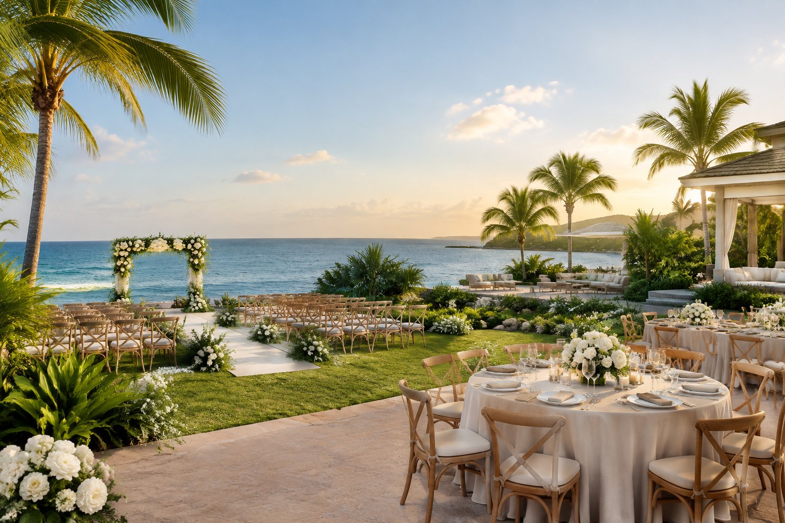 An elegant tropical wedding venue with decorated tables, floral arrangements, palm trees, and an ocean view.