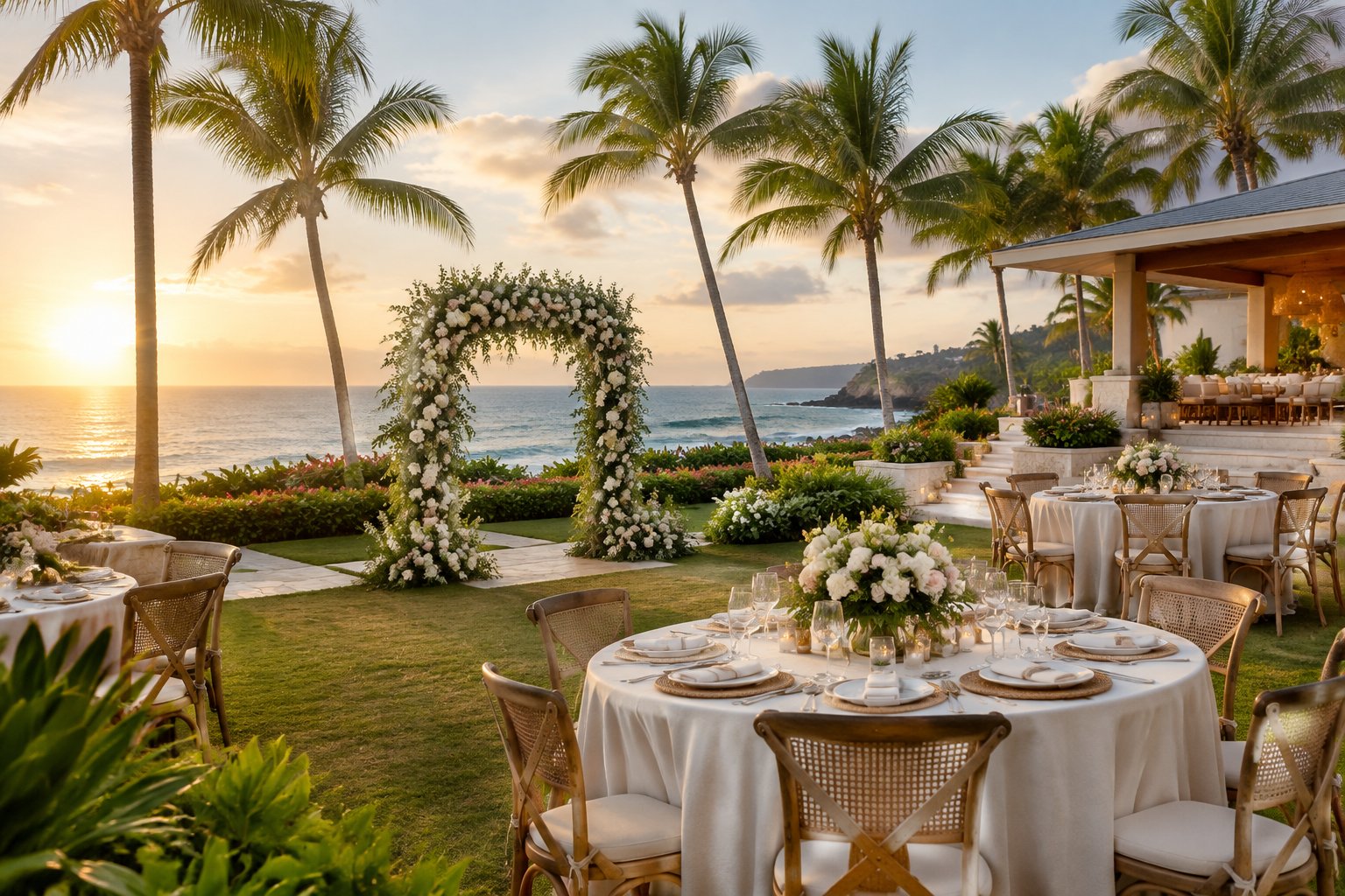 An elegant tropical wedding setting at a Puerto Rico resort overlooking the Caribbean Sea.