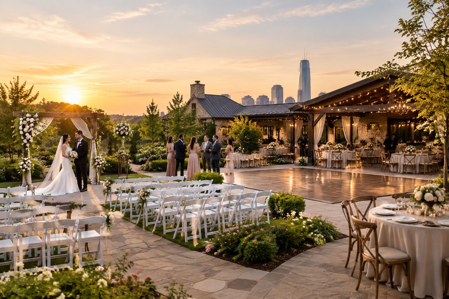 An elegant Oklahoma City wedding venue with a floral ceremony arch, white chairs, decorated reception tables, and a newlywed couple.